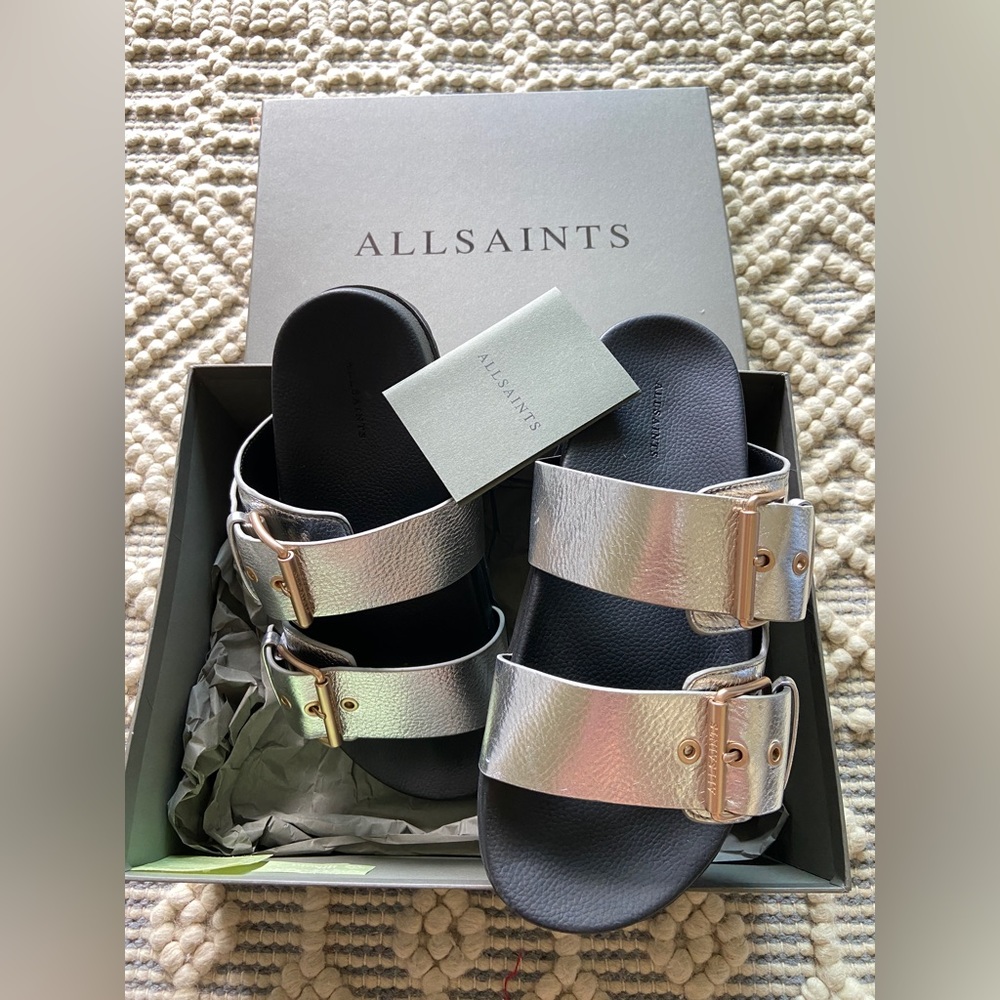 All Saints Sian Leather Metallic Sandals Silver Sz 11